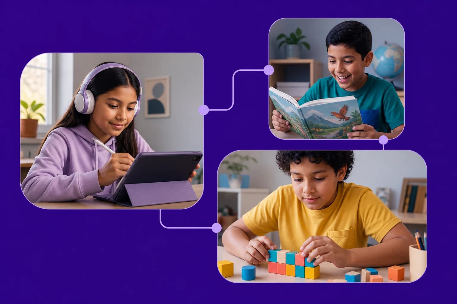 Tres estudiantes aprenden con una tableta, un libro y materiales manipulables